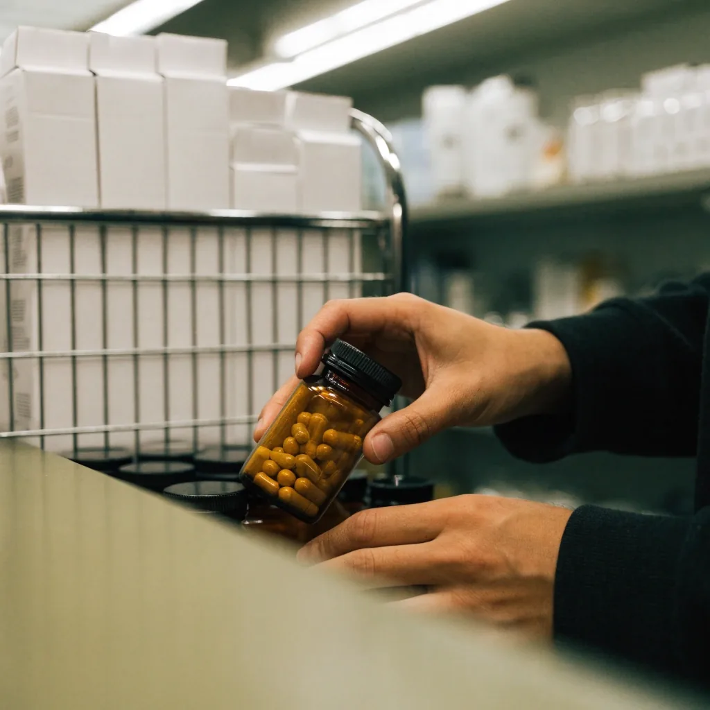 Gros plan d'un comptoir de parapharmacie le soir, carnet ouvert, stylo et échantillons flous en arrière-plan