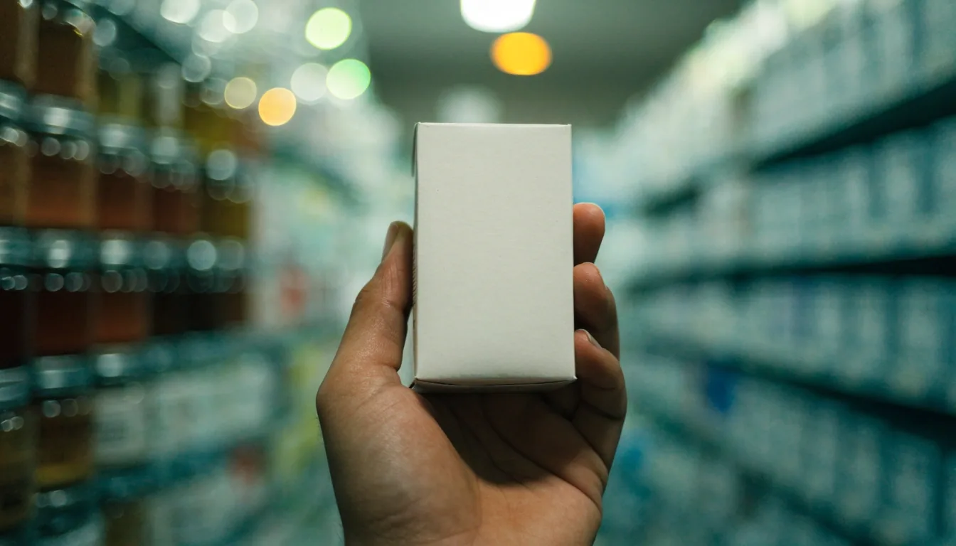 Personne tenant une boîte de complément alimentaire devant les rayons d'une parapharmacie