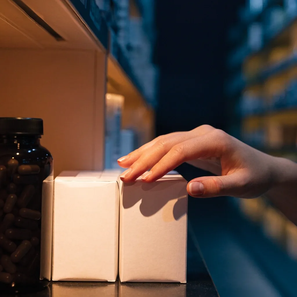 Rayon de parapharmacie à la nuit tombée : rangée de boîtes et flacons de compléments alignés sur une étagère