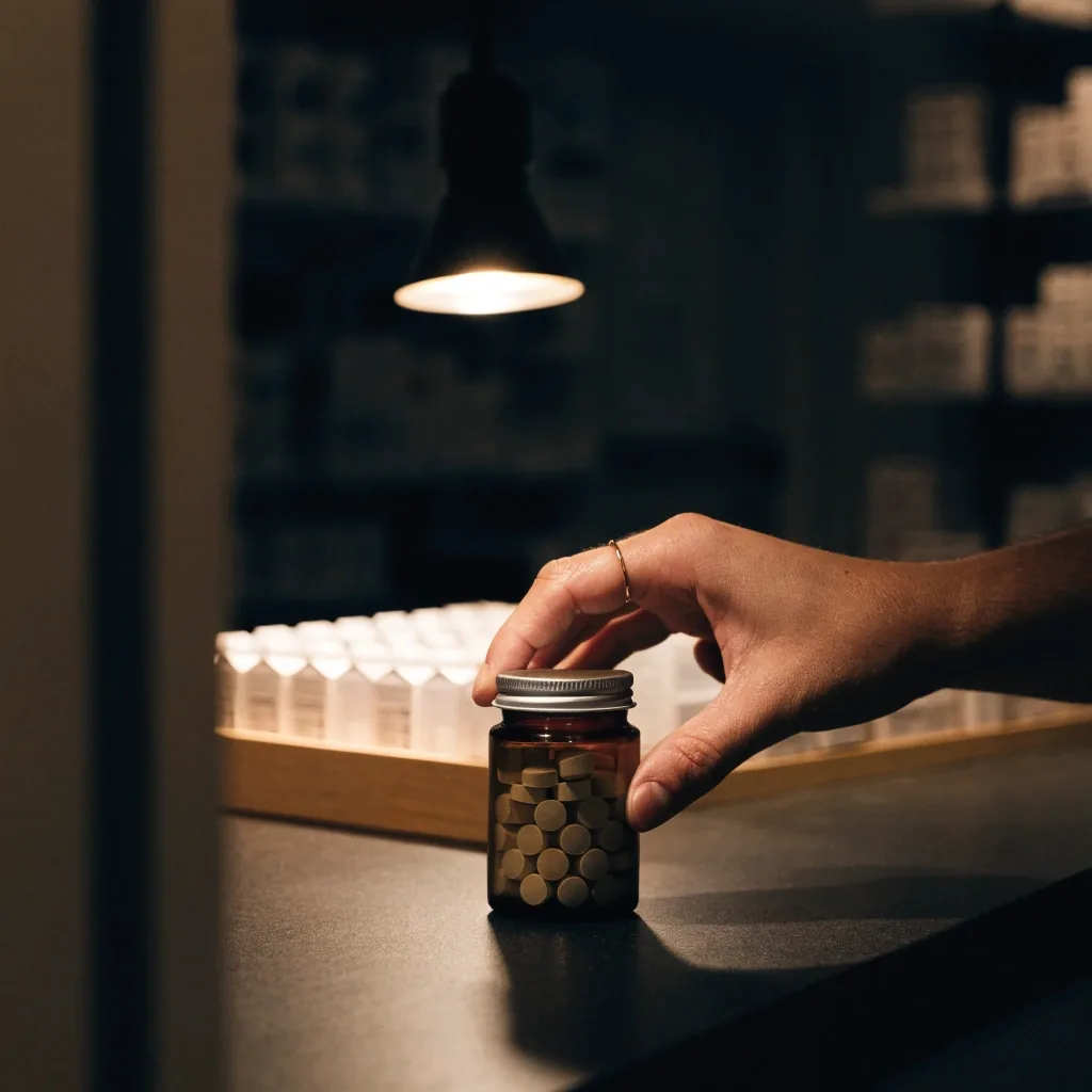 Comptoir d'une parapharmacie à Bordeaux le soir, cahier ouvert et stylo posés sur le comptoir sombre