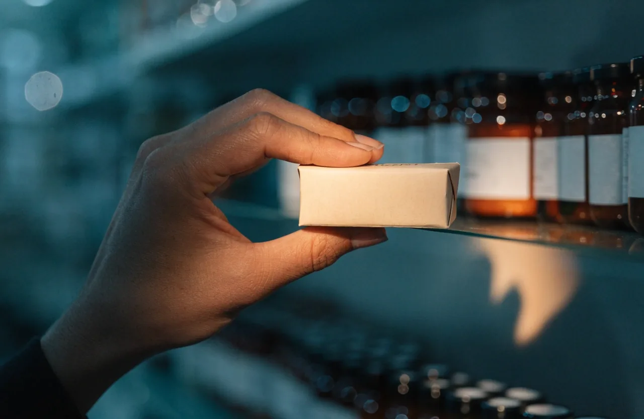 Main tenant un étui de complément alimentaire à hauteur de comptoir devant un rayonnage flou