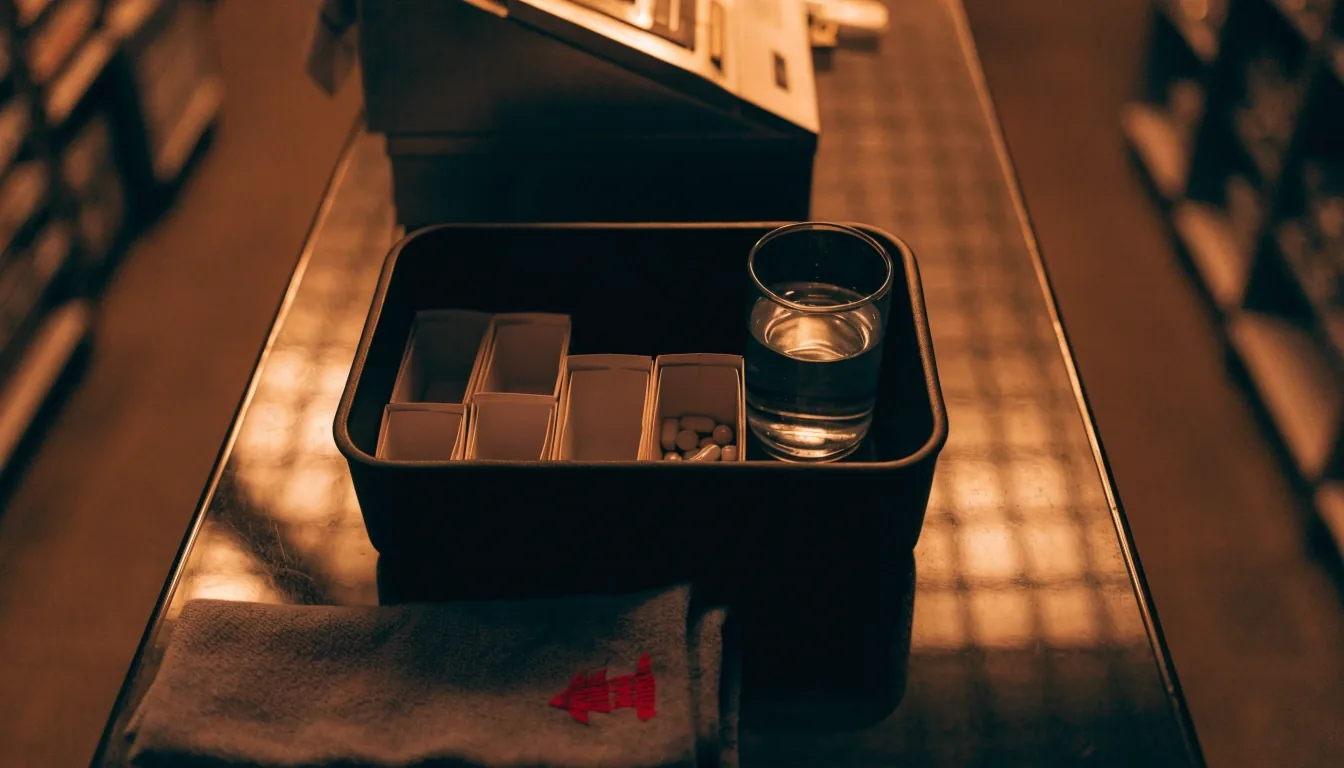 Comptoir d'une parapharmacie française le soir, carnet et stylo posés sur la surface mate