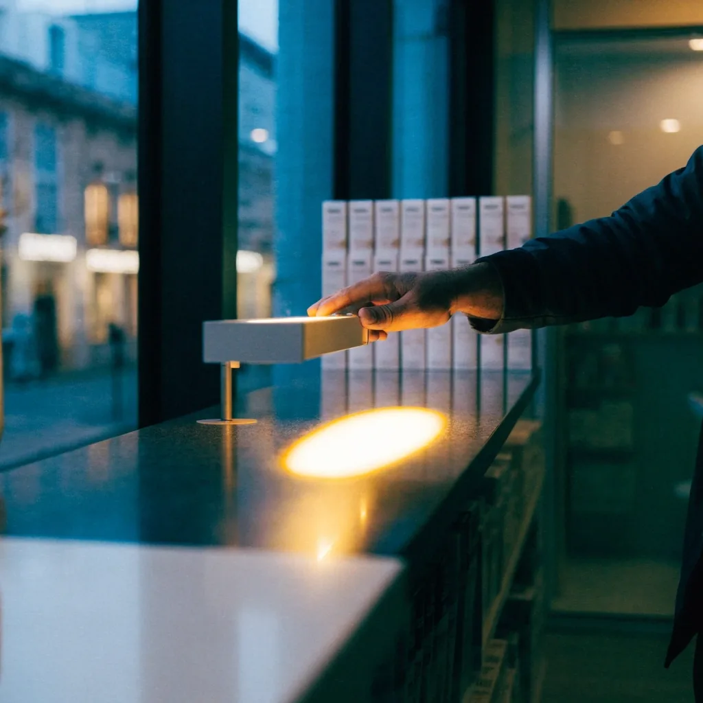 Intérieur d'une parapharmacie au crépuscule, rayonnages vides et comptoir au premier plan