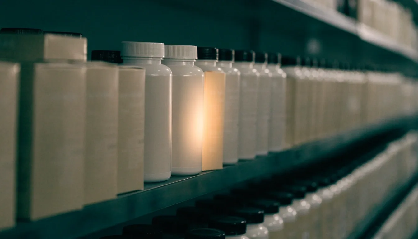Rayonnage de flacons et cartons de compléments dans une parapharmacie, éclairé par une lampe de linéaire