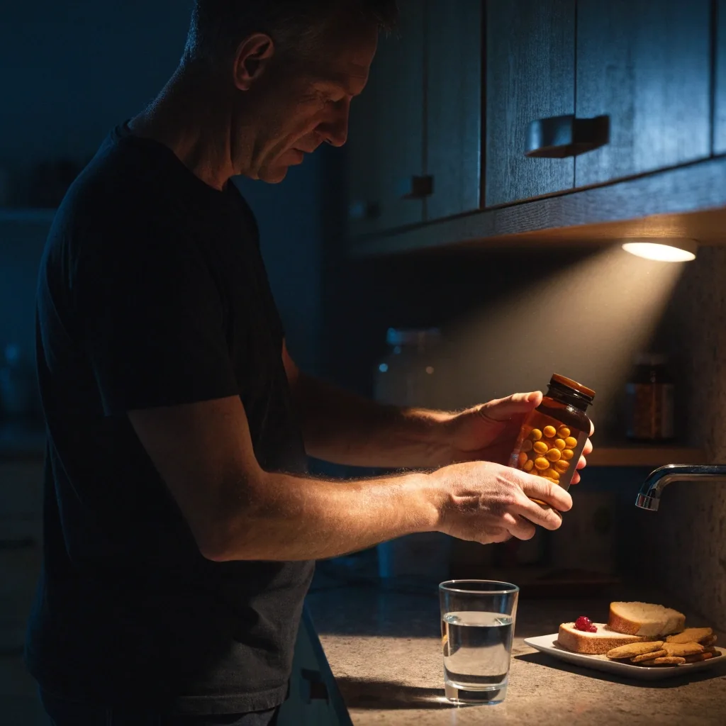 Homme en tenue sombre reposant un flacon de complément sur une étagère de cuisine le soir