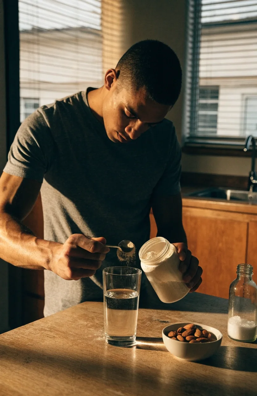 Mains versant une portion de poudre dans un verre d'eau sur un plan de travail sombre le soir