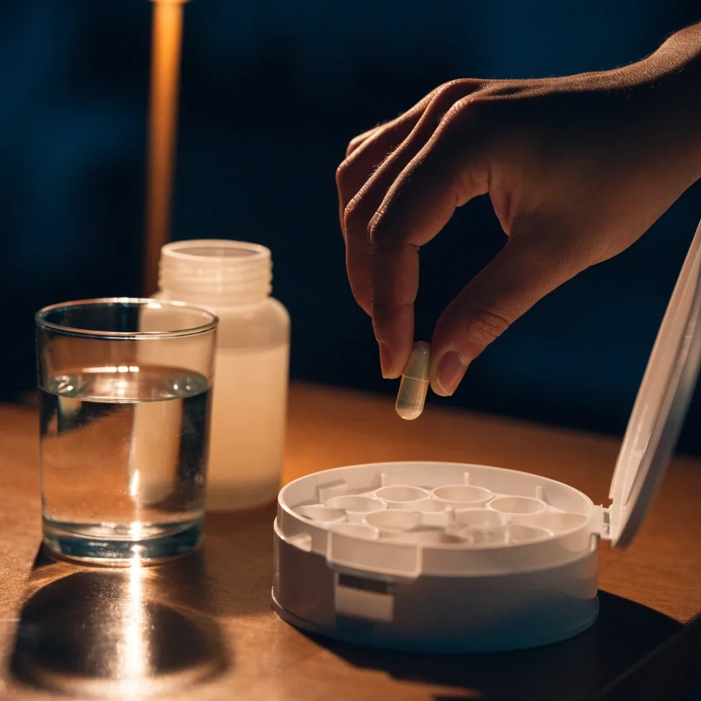 Pilulier hebdomadaire ouvert sur un comptoir sombre près d'un verre d'eau, lumière de lampe latérale