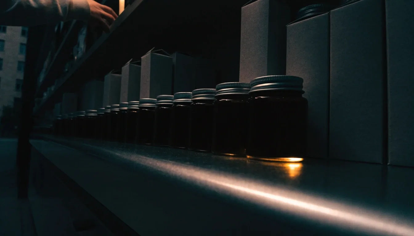 Comptoir d'une parapharmacie fermée le soir, rangée de flacons de compléments minéraux dans la pénombre