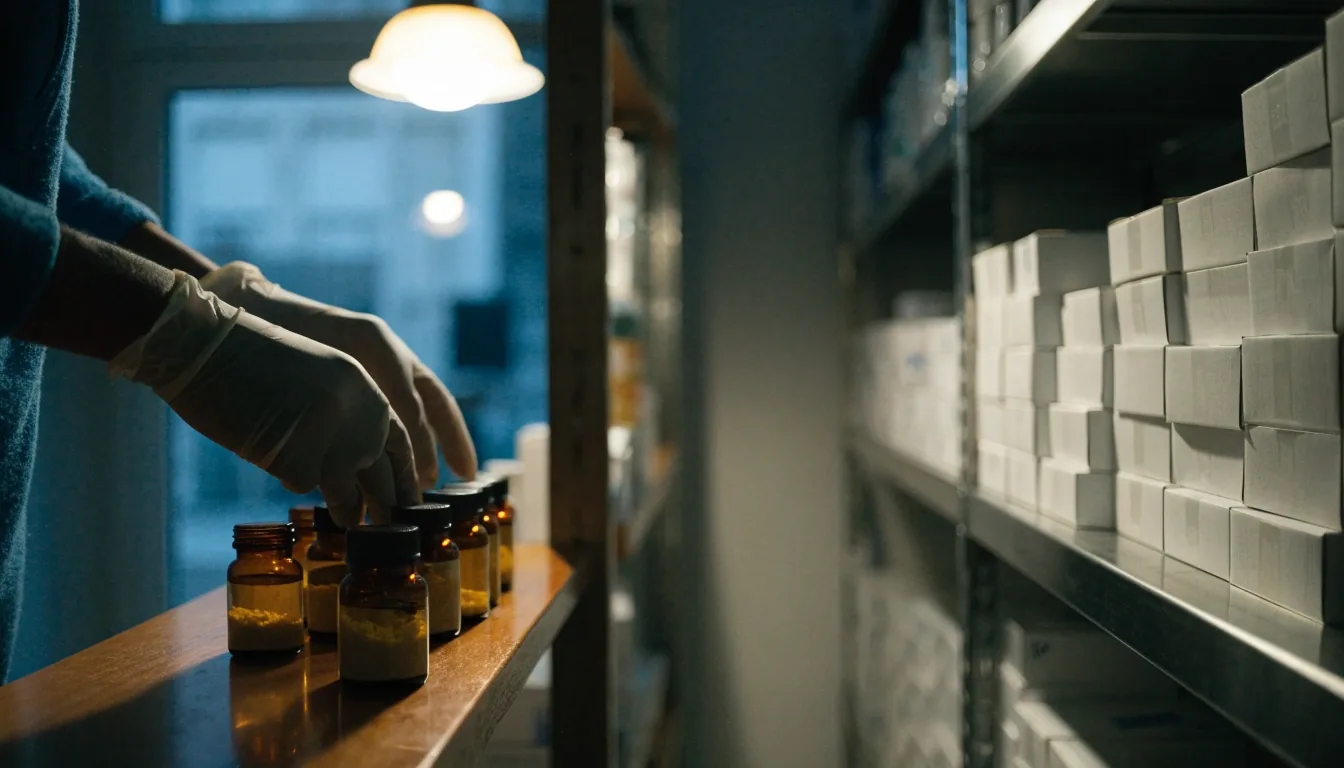 Comptoir de parapharmacie le soir, flacons et boîtes de compléments alignés sur une étagère