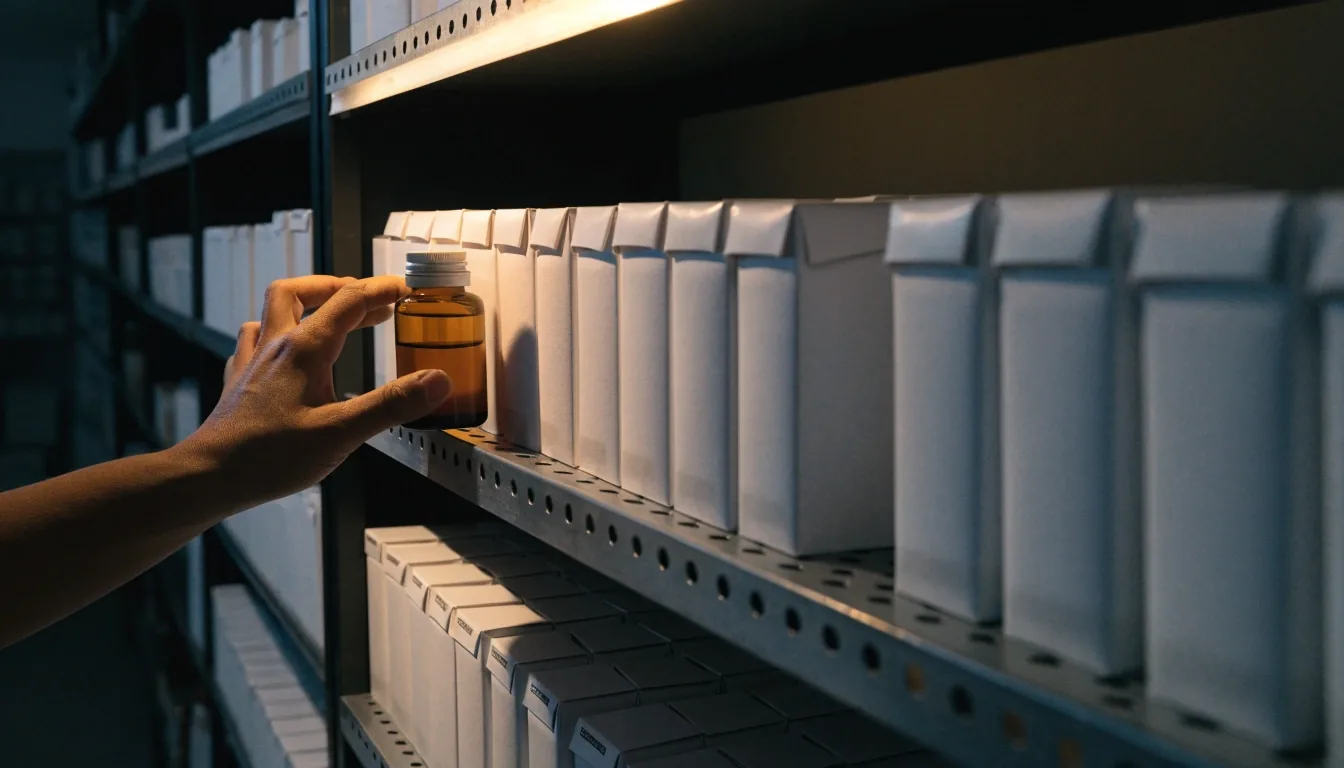 Étagère de parapharmacie la nuit, rangée de flacons de compléments identiques
