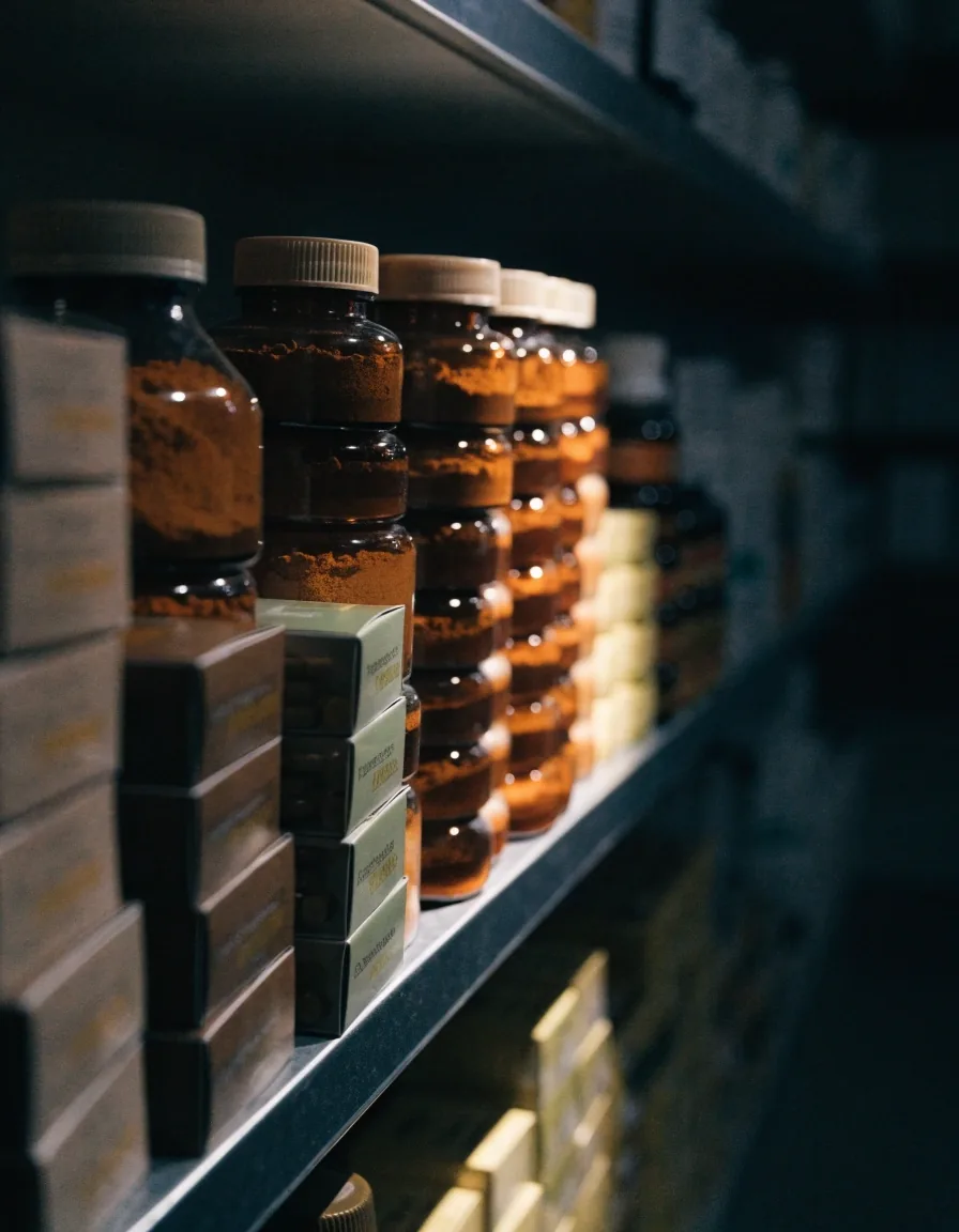 Rayonnage de parapharmacie éclairé la nuit, avec une rangée de flacons et de boîtes de compléments alimentaires