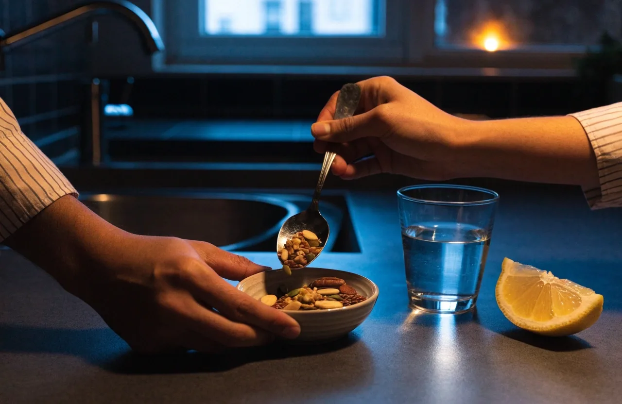 Mains préparant le soir une portion d'oléagineux et de légumineuses dans une cuisine sombre